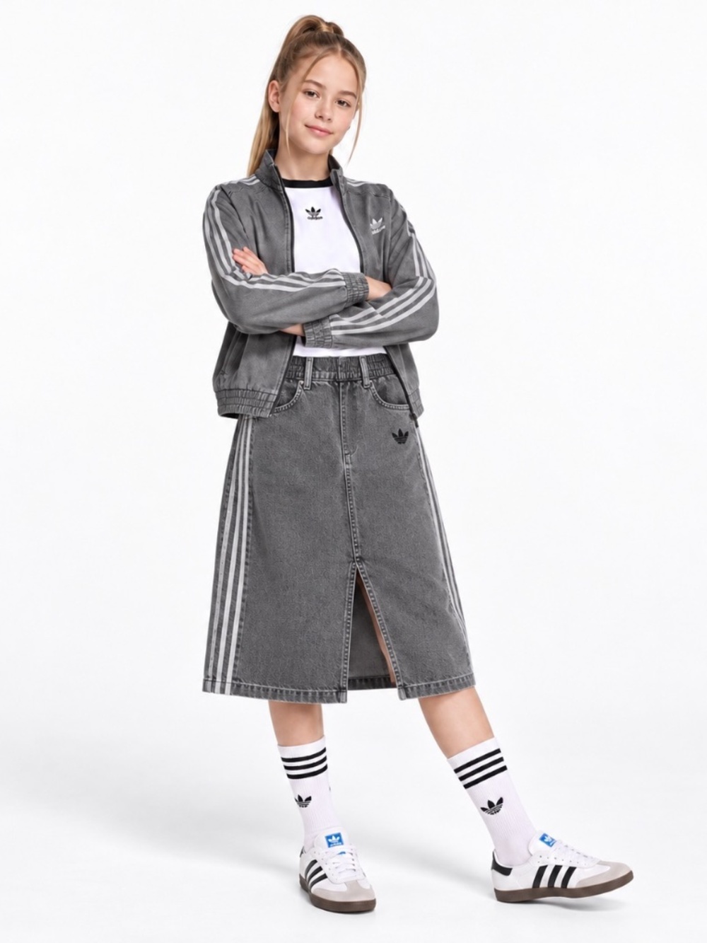 Adidas Originals Girls 3 Stripes Gray Denim Skirt JY3561 Medium 11-12Y NWT